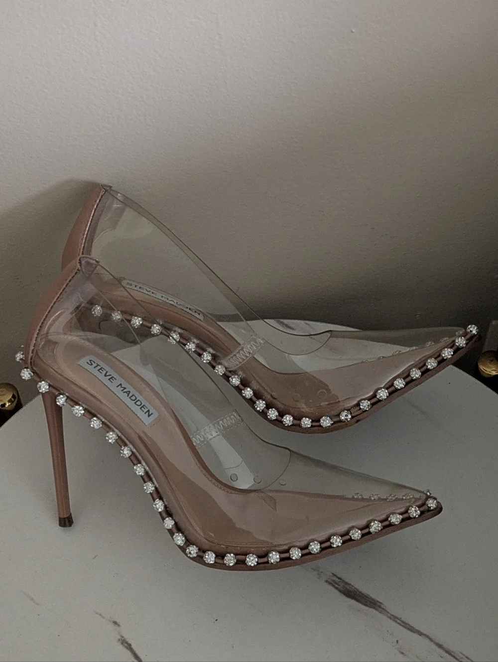 Steve Madden Nude Clear Pointed Toe Pumps with Crystal Trim - Picture 3 of 14